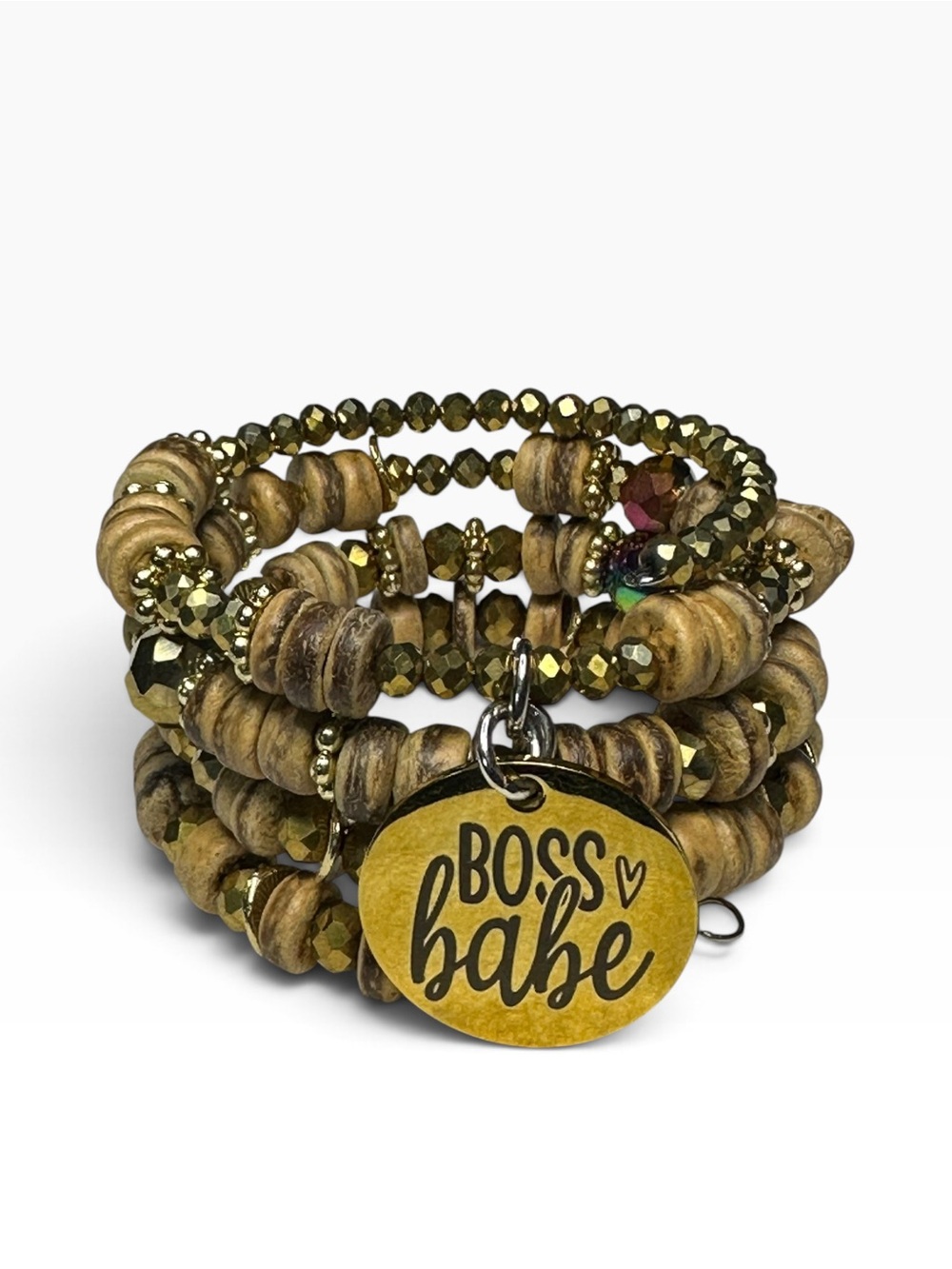 Handcrafted Wood & Gold Memory Wire Wrap Bracelet Boss Babe Charm - Picture 5 of 8